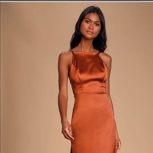 Lulus burnt orange/rust satin dress. Never worn still with tags on!